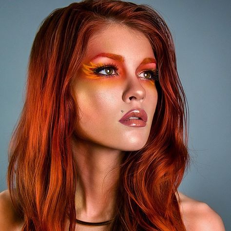 Fire goddess details ❤️🔥 Using @nyxcosmetics, @maccosmetics, @meltcosmetics, @bellaterracosmetics, @glitterinjections, @makeupforeverofficial, @houseoflashes, and @colourpopcosmetics. Full details in previous post. Masquerade Makeup, Phoenix Costume, Fire Costume, Larp Ideas, Fire Makeup, Goddess Makeup, Fire Goddess, Fire Fairy, Copper Glitter