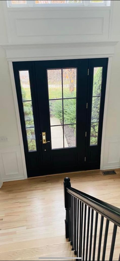 Black Foyer Door, Black Interior Front Door, Foyer Door, Black Foyer, Front Door Inside, Interior Front Door, Black Front Door, Entry Area, Front Door Styles