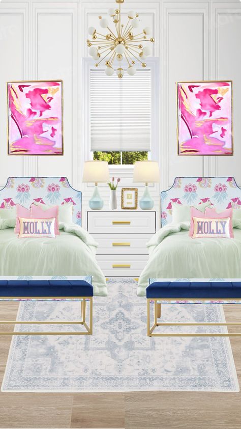 #roominspo #preppy #preppyroom #room #roomdecor #dorm #dormroom #dormdecor #monogram #pink #green #navy #girly #decor #rug #bedroominspiration #bedroominspo #bedroom Girly Decor, Preppy Room, Bedroom Inspo, Dorm Decorations, Bedroom Inspirations, Room Inspo, Dorm Room, Monogram, Room Decor