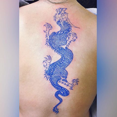 Blue Dragon Back Piece Tattoo | Tattoo Ideas and Inspiration Dragon Back Piece Tattoo, Dragon Back Piece, Blue Chinese Dragon, Chinese Dragon Tattoo, Blue Dragon Tattoo, Dragon Tattoo Back, Blue Ink Tattoos, Dragon Tattoo Meaning, Red Dragon Tattoo