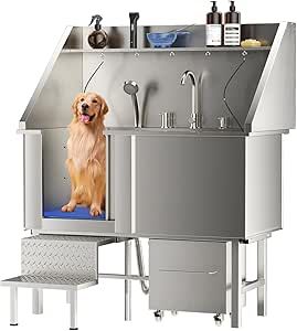 ROOMTEC 304 Stainless Steel Dog Washing Station, 50 Inch Professional Dog Grooming Tub, Pet Bathtub with Sink, Storage Drawer,Ladder Dog Grooming Tubs, Washing Station, Wall Insert, Dog Washing Station, Bathtub Walls, Fire Pit Furniture, Appliances Storage, Crib Toys, Dog Wash