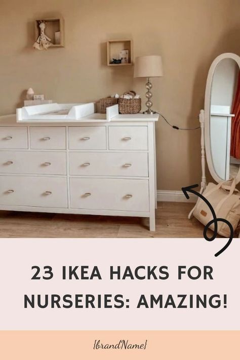 #nurseryroom #nurserydecor #babyroom #ikeanursery Simple Ikea Hacks, Nursery Renovation, Ikea Changing Table Hack, Ikea Changing Table, Nursery Decoration Ideas, Ikea Nursery Hack, Easy Ikea Hacks, Ikea Hacks Ideas, Nursery Hacks