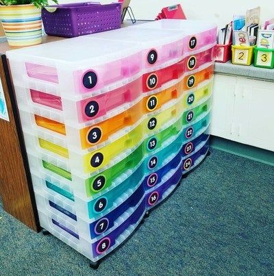 Teacher Storage, Classroom Store, Student Storage, Classroom Organization Elementary, Rainbow Classroom, Classroom Idea, Classroom Organisation, Classroom Storage, 2nd Grade Teacher