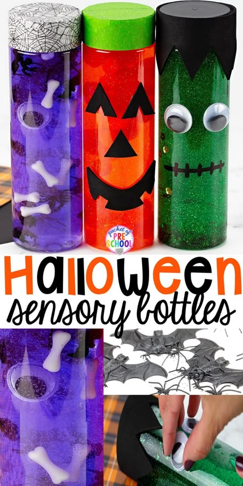 Halloween Sensory Bottles, Diy Halloween Bottles, Halloween Activities For Toddlers, Halloween Infantil, Preschool Sensory, Halloween Sensory, Sensory Bin Ideas, Halloween Science, Halloween Crafts Preschool