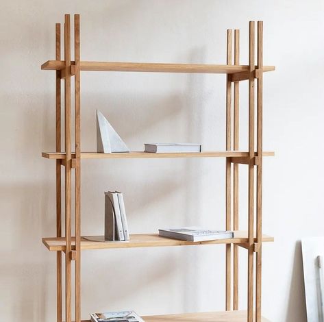 Circular Sofa, Scandinavian Shelves, Wood Shelves Kitchen, Bamboo Furniture Design, Studio Sofa, Cozy Studio Apartment, Oak Shelf, Bookcase Design, Oak Bookcase