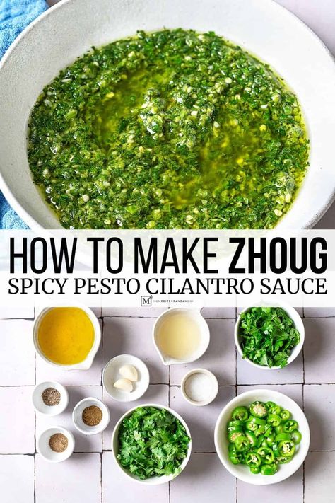 Zhoug is a spicy Mediterranean condiment made with parsley, cilantro, hot green chilis, and warming spices. Zhoug sauce is the new hot sauce! Greek Sauce Recipes, Mediterranean Sauces, Moroccan Sauce, Green Sauces, Zhoug Sauce, Mediterranean Sauce, Green Chilis, Cilantro Pesto, The Mediterranean Dish