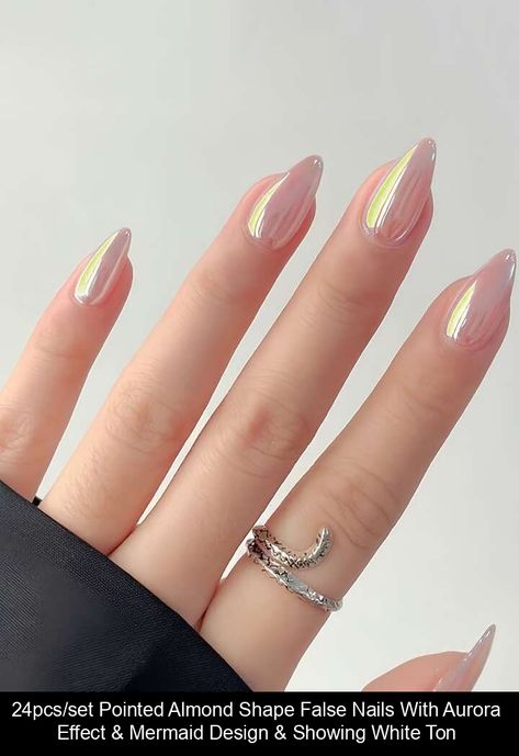 Free Returns ✓ Free Shipping✓. 24pcs/set Pointed Almond Shape False Nails With Aurora Effect & Mermaid Design & Showing White Tone + 1pc Jelly Glue + 1pc Nail File- Press On Nails at SHEIN. Pointed Almond Nails, Almond Shape Pink And White Ombre, Almond Nails Aura Design, Bridal Nail, Aurora Nails, Mermaid Design, Pointed Nails, Ombre Nail Designs, White Tone