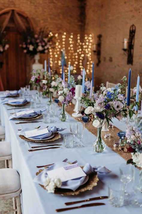 Table Decorations Blue And Gold, Wedding Reception Table Runner Ideas, Light Blue Purple Wedding, Blue And Purple Table Decorations, Wedding Table Purple, Wedding Decor Purple And Blue, Light Blue And Purple Wedding Decor, Blue Table Settings Wedding, Purple And Blue Rustic Wedding Ideas