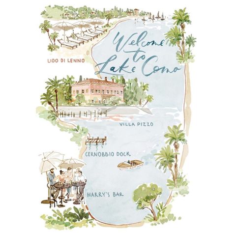 Impressionist Wedding Invitation, Lake Como Map, Lake Como Invitation, Lake Como Illustration, Lake Como Wedding Invitations, Custom Illustrated Wedding Invitations, Crazy Wedding Cakes, Illustrated Invitations, Digital Wedding Invitations Design