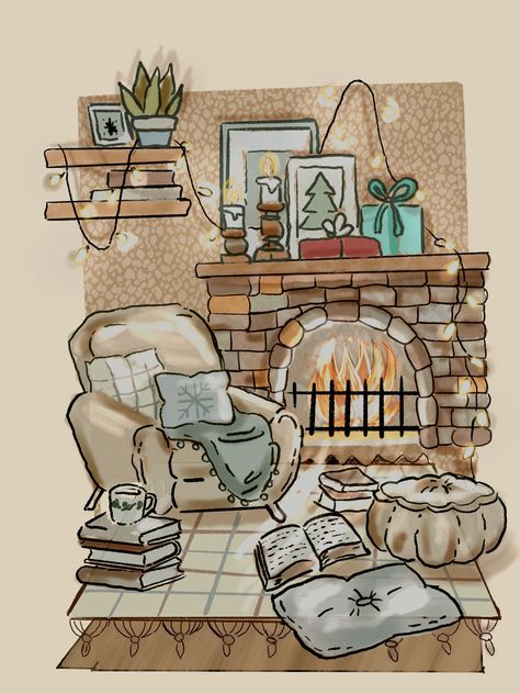 How To Draw Fireplace, Fireplace Drawing Sketch, Cozy Fireplace Drawing, Cozy Living Room Drawing, Cozy Christmas Illustration Art, Cozy Watercolor Painting, Christmas Living Room Drawing, Fireplace Doodle, Christmas Fireplace Drawing