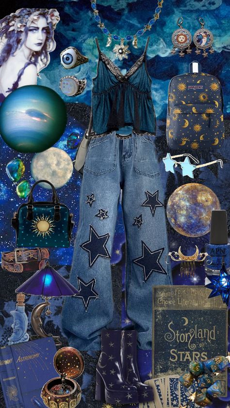 blue sun and moon outfit #outfitinspo#whimsigoth #outfit #blue #astrology #blue #jewelry #sunandmoon #sun #moon #style #jewelry #shoes Blue Goblincore Outfit, Planetarium Date Outfit, Astroacademia Outfits, Space Punk Fashion, Space Clothing Aesthetic, Astrology Outfits Aesthetic, Mooncore Aesthetic Outfit, Blue Academia Aesthetic Outfit, Moon Outfit Aesthetic