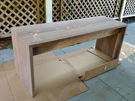 DIY Solid Walnut Desk Tutorial + Photos // www.danslelakehouse.com // @danslelakehouse Diy Modern Wood Desk, Wood Waterfall Desk, Diy Waterfall Island, Waterfall Desk Diy, Diy Waterfall Desk, Waterfall Table Diy, Diy Waterfall Table, Wood Desk Diy, Diy Modern Desk