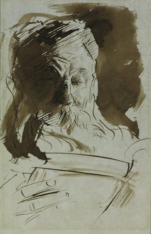 "Rodin Reading" (1902)  Pen and ink and wash by John Singer Sargent     7 x 4 5/8 inches    John Singer Sargent, Rodin Reading, 1902.Ê Pen and ink and wash, 7 x 4 5/8 in. Cantor Arts Center, Stanford, Gift of B. Gerald Cantor, 1977.19. Photo: Unknown, Cantor Arts Center, Stanford Rodin Drawing, Rembrandt Drawings, Dancing Drawings, Master Drawing, John Singer Sargent, Figure Sketching, Ink Wash, Arts Center, Fact Sheet