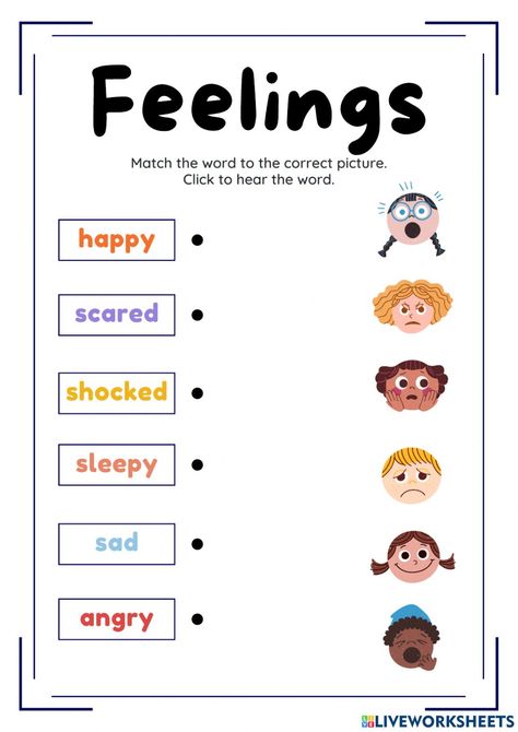 Feeling Worksheet, Preschool Feelings, Preschool Emotions, Emotions Worksheet, Character Emotions, Feelings Preschool, Match Worksheet, Emotions Preschool, Elementary Worksheets