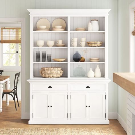 Sand & Stable Sorrento 86.61'' H x 62.99'' W Library Bookcase & Reviews | Wayfair Aesthetic Crown, Shiplap Paneling, Wood Library, Dining Hutch, Bookcase Wood, Buffet Hutch, Library Bookcase, Coastal Aesthetic, Solid Wood Shelves