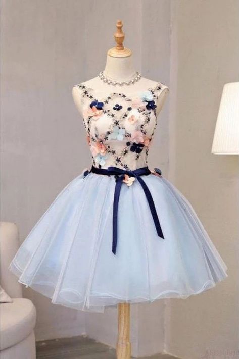 Vintage Light Blue Flower Short Princess Homecoming Dress Party Dresses, Mini Dress N2178 Princess Homecoming Dress, Party Dresses Mini, Mini Prom Dresses, Light Blue Flowers, Flower Shorts, Lace Homecoming Dresses, Short Prom Dress, Short Cocktail Dress, Sweet 16 Dresses