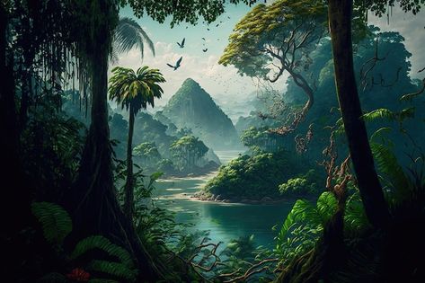 Tropical Jungle | Premium Photo #Freepik #photo #paysage-jungle #ruisseau #fond-arbre #arbres-foret Rainforest Map, Gif Cafe, Jungle Photo, Jungle Island, Jungle Forest, Sandwich Shops, Dungeon Maps, Matte Painting, Caribbean Islands