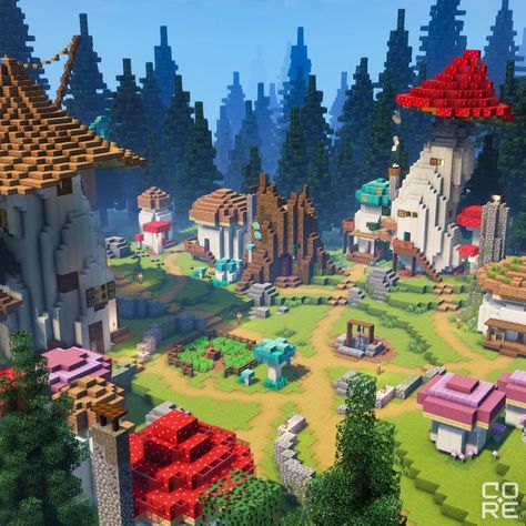 Mushroom World Minecraft, Minecraft Fantasy Town Ideas, Magical Village Minecraft, Minecraft Fantasy World Ideas, Minecraft Colorful Village, Mc Fairy House, Minecraft Pixie Hollow, Minecraft Multiplayer Ideas, Mushroom Base Minecraft