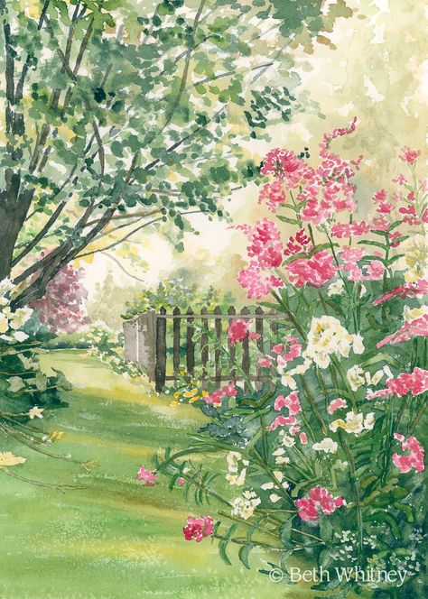 "Sun streams through the trees and early morning mist in this beautiful garden. The scene is a private garden on the Blue Hill peninsula in Maine. The summer phlox and rustic garden fence are wonderful together. This is one of my favorite paintings. Giclee print of \"Misty Morning\" is from an original watercolor painting by Beth Whitney. Gardens bring such joy and peace, whether you are enjoying it in person or as fine art. This giclee print would make a wonderful gift for someone who loves gar Funny Vine, Romantic Wall Art, Garden Drawing, Garden Watercolor, Misty Morning, Walled Garden, 수채화 그림, Garden Painting, Watercolor Landscape Paintings