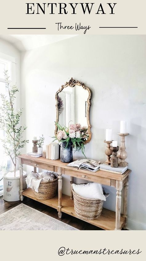 truemanstreasures on Instagram: Ya need some ideas for your entry or console table? I have three for you! 1. Cottage/garden theme 2. Thrifted and vintage pieces 3.… Country Entryway Ideas, French Country Entryway Ideas, French Country Foyer, French Country Entryway, European Farmhouse, Home Entrance Decor, Wall Molding, Entrance Decor, Garden Theme