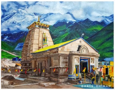 Kedarnath Temple Painting By @Dhiman Biswas Indian Temple Watercolor Paintings, Temple Landscape Painting, Kedarnath Acrylic Painting, Kedarnath Temple Painting Easy, Kedarnath Painting Canvas, Kedarnath Temple Watercolor Painting, Kedarnath Art Drawing, Kedarnath Temple Painting On Canvas, Kedarnath Mandir Drawing