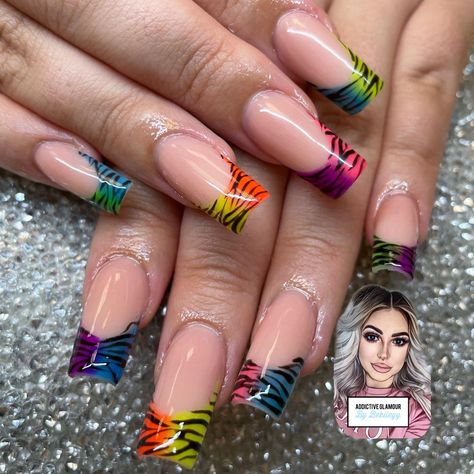 Tiger Print Nails, Tiger Stripe Nails, Neon Tiger, Rainbow Tiger, Tiger Nails, Nails French Tip, Print Nails, Striped Nails, Tip Nails