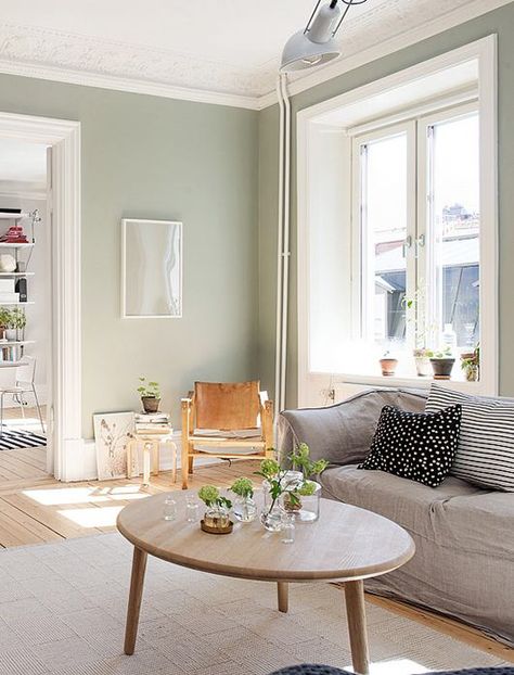 Sage grey paint Sage Living Room, Green Walls Living Room, Sage Green Living Room, Light Green Walls, Trendy Living Rooms, Room Paint Colors, Living Room Green, Blue Living Room, Paint Colors For Living Room