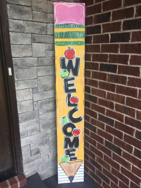 Cute teacher welcome sign for the front of school or the front of your classroom door. DIY this idea easily! #welcomesign #school Teacher Door Signs Diy, Name Signs For Door, Teacher Name Signs For Door, Signs For Door, Teacher Door Signs, Teacher Door Hangers, Teacher Name Signs, Teacher Door, Diy Woodworking Projects