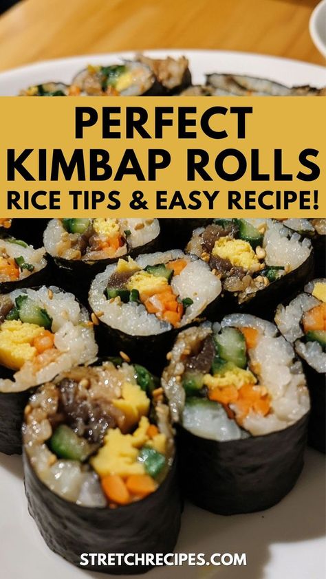 These failproof homemade kimbap rolls are perfect for anyone looking to recreate this Korean classic at home! Made with perfectly seasoned Japanese short-grain rice, these kimbap rolls are filled with your favorite ingredients, tightly rolled in nori, and sliced into bite-sized perfection. Save this now and click through for the full guide! Japanese Food At Home, How To Make Kimbap, Korean Cuisine Recipes, Homemade Kimbap, Asian Rolls, Quick Asian Recipes, Gimbap Recipe, Korean Kimbap, Korean Pickled Radish