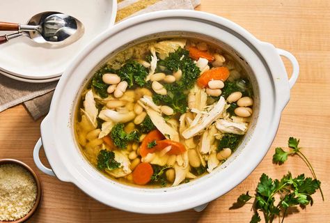 This slow-cooker recipe is perfect for a busy weeknight dinner. Serve this Tuscan-inspired dish with crusty bread and a salad. Soup Kale, White Bean Stew, Leftover Turkey Soup, Healthy One Pot Meals, Soup With Chicken, Chicken And Butternut Squash, Butternut Squash Recipes Soup, Squash Soup Recipe, Chicken Easy