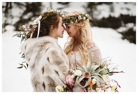 Boho Lesbian Wedding  #Wedding, #WeddingInspiration, #WeddingMagazine, #Same-sexwedding, #LGBTwedding, #LGBTQwedding, #equality-mindedwedding, #gaywedding, #inclusiveweddings, #Family, #Lifestyle, #Baby, #Beauty Winter Wedding Coat, Winter Wedding Fur, Outdoor Winter Wedding, Bridal Coat, Bohemian Weddings, Snowy Wedding, Bride Jacket, Wedding Coat, Wedding Fur