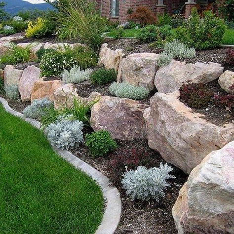 Garden With Rocks, Boulder Retaining Wall, Rock Retaining Wall, Landscaping A Slope, Landscaping On A Hill, Sloped Backyard, Landscaping With Boulders, Rock Garden Plants, Landscaping Retaining Walls