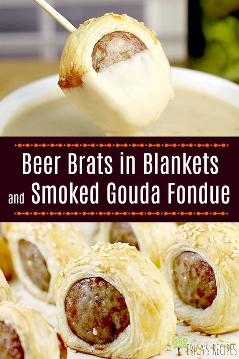 Bratwurst In A Blanket, Brats Wrapped In Puff Pastry, Brats In Puff Pastry, Brats Appetizers, Brats In A Blanket, Baked Gouda In Puff Pastry, Gouda Appetizers, Fondue Appetizers, German Brats