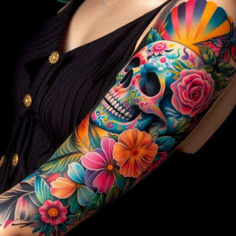 Dive into the world of skull tattoos with these unique designs that blend artistry with deep symbolism. #ai #tattoo #tattoo_for_woman #tattoo_ideas #tattoo_for_man Sugar Skull Tattoos For Women, Sugar Skull Sleeve, Bright Colorful Tattoos, Pretty Skull Tattoos, Arm Tattoos Color, Floral Skull Tattoos, Girly Skull Tattoos, Skull Tattoo Designs, Tattoos Color