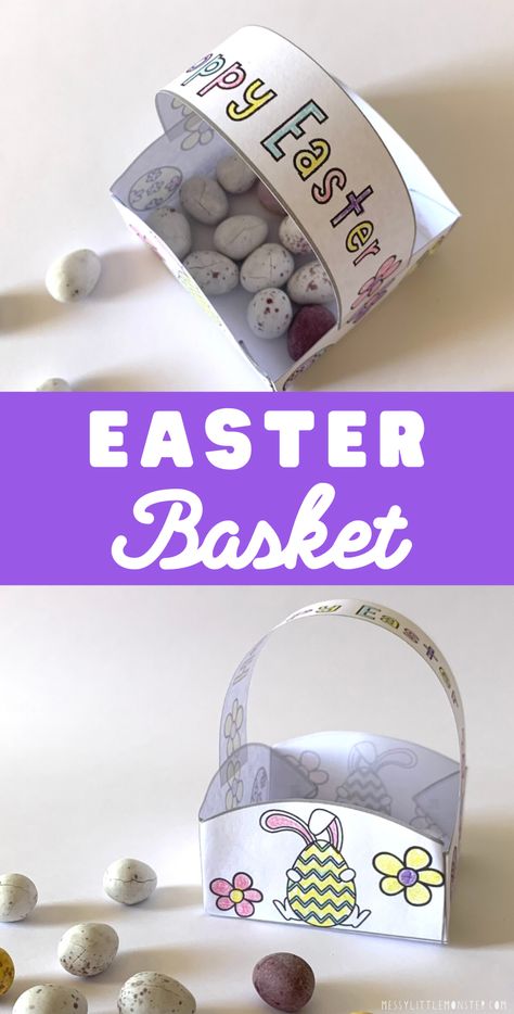 Printable Easter basket template to make an easy Easter craft for kids Paper Easter Basket Template, Easter Bunny Basket Craft, Easter Basket Printable, Easter Basket Craft, Easter Basket Template, Basket Template, Simple Easter Baskets, Paper Easter Basket, Easter Craft For Kids