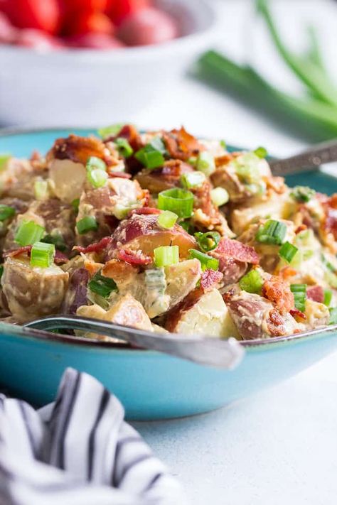 This creamy ranch potato salad is loaded with savory crispy bacon, green onions and couldn't be easier to make!  A homemade Paleo and Whole30 ranch dressing gives this potato salad a zesty, addicting "cheesy" flavor even though it's dairy-free! Bacon Ranch Potato Salad, Ranch Potato Salad, Paleo Running Momma, Potato Salad Mustard, Potato Salad Dressing, Red Potato Salad, Bacon Ranch Potatoes, Potato Salad Recipe Easy, Bbq Cookout