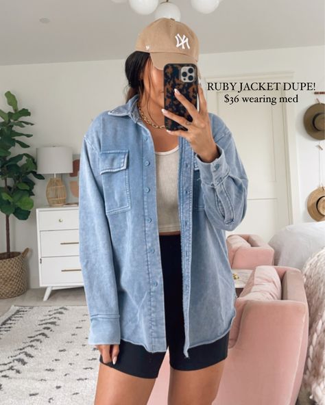 Shorts And Shacket Outfit, Blue Jean Shacket Outfit, Summer Shacket Outfit, Shacket Outfit Women Spring, Navy Shacket Outfit, Dress With Shacket, Lazy Mom Outfits Summer, Everyday Blue Denim Shacket, Trendy Denim Blue Shacket For Everyday