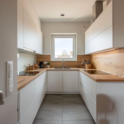 2 Modern Modular All-White U-Shaped Kitchen Design With Wooden Kitchen Countertop Small Kitchen Ideas U-shaped, Small L Shaped Kitchen Layout, Kitchen U Shape, U Shaped Kitchen Interior, L Shape Kitchen Design, Small L Shaped Kitchens, L Shape Kitchen, Beige Kitchen Cabinets, Shaped Kitchen