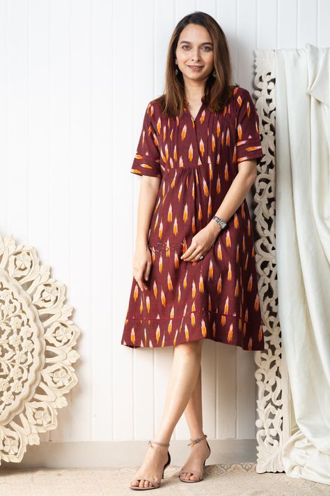 Ikat Short Kurti, Ikkat Short Frocks, Cotton Ikat Dress, Ikkat One Piece Dress, Cotton Dress Pattern Western, Cotton One Piece Dresses Western, Ikat Dress Designs, Brown Short Dress, One Piece Dress Western