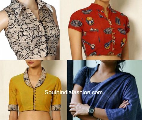 Collared blouses add just the right amount of sophistication and style to your ethnic ensemble. Collar neck saree blouse designs Kalamkari Blouse Designs, Collar Ideas, Neck Blouse Designs, Kalamkari Blouse, Blouse Designs High Neck, Cotton Saree Blouse Designs, Cotton Blouse Design, Cotton Saree Blouse, Saree Blouse Neck Designs