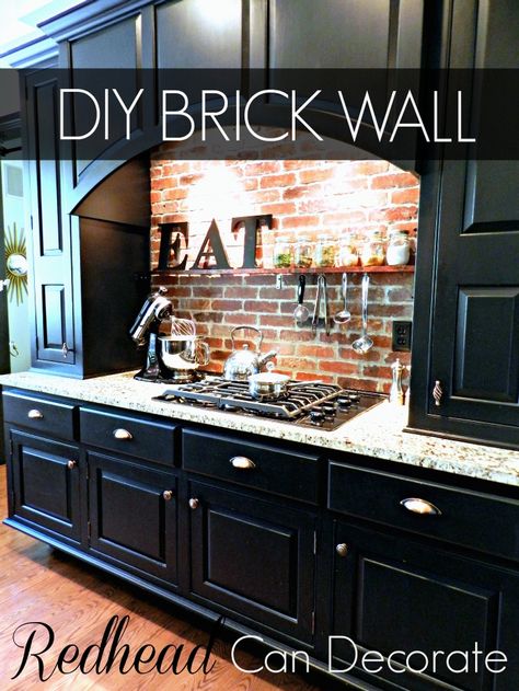 DIY Brick Wall Tutorial Diy Brick Wall, Herringbone Backsplash, Brick Backsplash, Diy Backsplash, Inspiring Interiors, Black Cabinets, Kitchen Redo, Counter Tops, Kitchen Remodel Idea