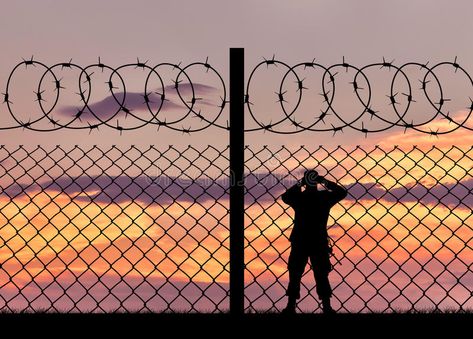 Silhouette of a military border guard. Concept of security. Silhouette of a mili , #affiliate, #border, #guard, #Silhouette, #military, #Concept #ad Border Security Force, Border Guard, Security Fence, Security Guard, Doll Crafts, Business Flyer, Flyer Design, Human Silhouette, Fence