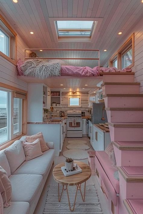 Tiny House Interior Cottage Core Tiny House Interior, Tiny House Pink, Tiny House Balcony, Pink Tiny House, Luxury Tiny House, Tiny Apartment Decorating, Cottage Interior Design, Shabby Chic Decor Bedroom, Tiny House Layout