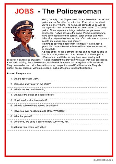 Jobs - The police woman general read…: English ESL worksheets pdf & doc 3rd Grade Reading Comprehension Worksheets, Reading Comprehension Texts, Read English, Esl Reading, Reading Comprehension Lessons, English Activities For Kids, English Exercises, English Phrases Idioms, Learning English For Kids