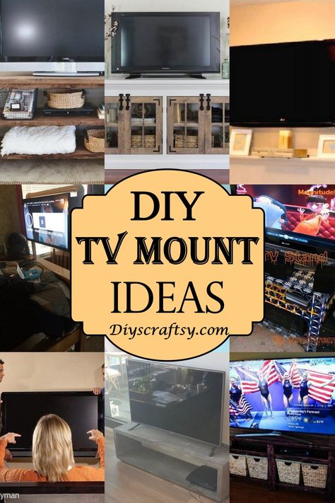 Unique Tv Mounting Ideas, Diy Tv Mount Ideas, Diy Wall Mounted Tv Stand, Wall Mounted Tv Console Ideas, Tv Wall Hanging Ideas, Tv Mounted On The Wall In Bedroom, Tv Wall Mount Ideas Living Rooms, Rv Tv Mounting Ideas, Mounting Tv On Wall