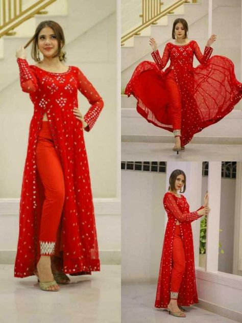 Women Palazzo Kurta Set Bollywood Style Side Cut Kurti Zari Work Salwar Kameez #Indian #SalwarKameez #Casual Kurti Dupatta Set, Red Gown Dress, Mirror Work Kurta, Kurti Dupatta, Red Kurti, Set Kurti, Gown Indian, Rayon Kurti, Kurti Pant