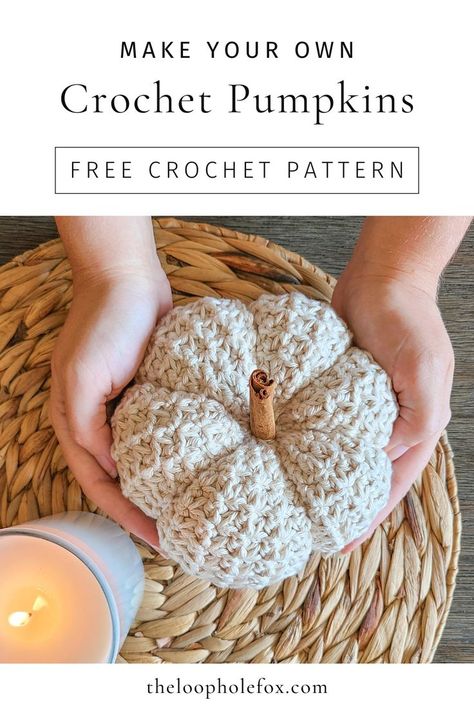 Picture is taken from the top down. It shows hands holding a pumpkin made in cream colored cotton yarn above a round jute placemat, as if just being placed as a piece of crochet home decor. Fall Crochet Projects, Pumpkin Patterns Free, Crochet Fall Decor, Crochet Pumpkins, Fall Crochet Patterns, Halloween Crochet Patterns, Crochet Fall, Crochet Decoration, Holiday Crochet