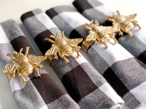 Bee Napkin Rings, Bee Napkins, Gold Napkin Rings, Classic Plates, Cutlery Set Stainless Steel, Metal Napkin Rings, Gold Napkins, William Sonoma, Gold Bee