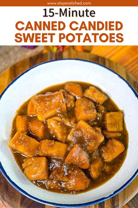 These 15-minute canned candied sweet potatoes are an easy side dish for Thanksgiving. Simply coat in a buttery brown sugar glaze, sprinkled with cinnamon and nutmeg and cooked in a skillet until they are glazed with all the the sweet goodness. This is a classic Southern dish for your holiday table. Canned Sweet Potatoes Casserole, Sweet Potatoe Casserole Recipes Using Canned Sweet Potatoes, Sweet Potato Recipes From Canned Sweet Potatoes, Sweet Potatoes From Can Recipes, Sweet Potato Recipes With Canned Sweet Potatoes, Sweet Potato In A Can Recipe, Easy Sweet Potato Recipes Canned, How To Make Canned Yams Better, Bruce Candied Yams Recipe