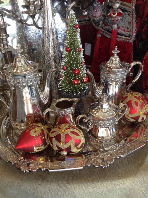 Beautiful antique tea service at Christmas time                                                                                                                                                                                 More Christmas Tea Party, Silver Tea Set, Red Ornaments, Silver Tea, Christmas Tablescapes, Christmas Tea, Victorian Christmas, Silver Christmas, Noel Christmas